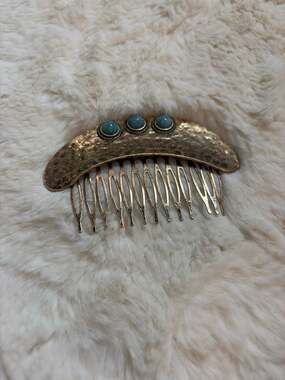 Vintage Hammered Brass Crescent Moon Hair Comb Turquoise Cabochons